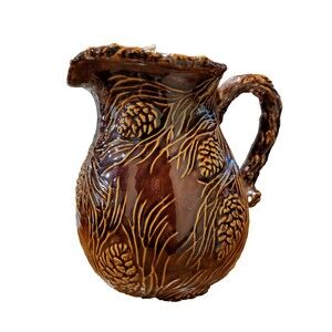 Celebrating Home Pitcher Stoneware 10'' Brown Golden Pinecone Pattern Autumn